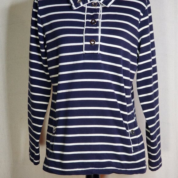 Karen Scott Sport Navy Stripe Cotton Span LS 1/4 Snap Up Stand Collar Top Sz M - Picture 7 of 16